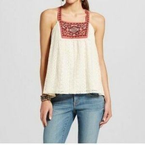 Xhilaration Nomadic Soul Boho Ivory Embroidered Lace Bib Cross Back Tank Top M